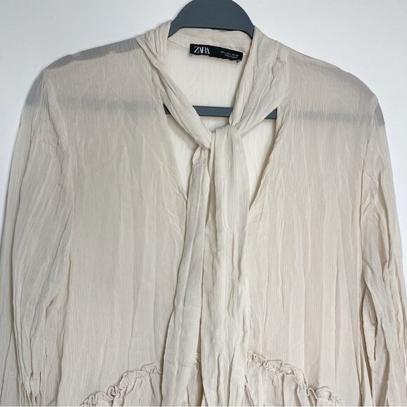 Zara Neck Tie Ruffle Long Sleeve Sheer Chiffon Mini Dress, Tunic V Neck Bone L - Picture 5 of 8